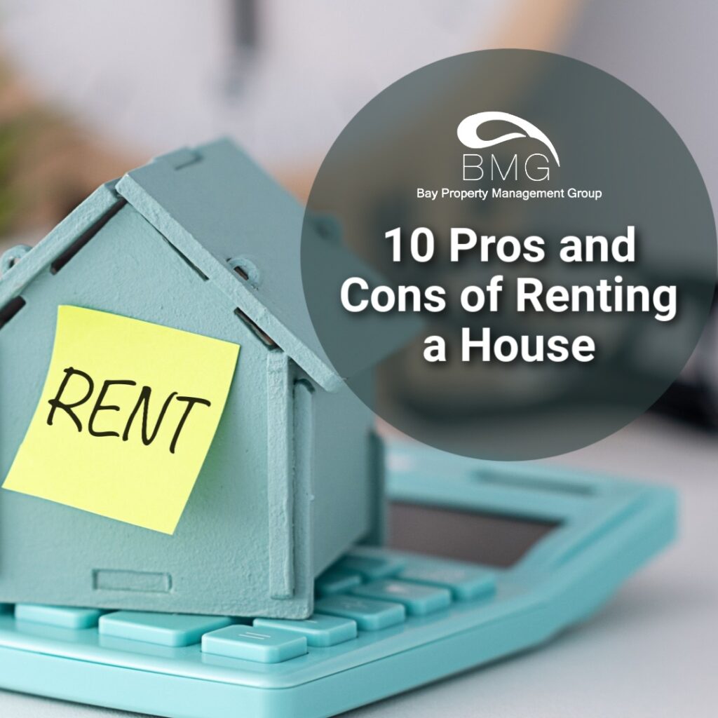 A small house model with a sticky note labeled "Rent" placed on a calculator, with the text "10 Pros and Cons of Renting a House" in a circular overlay.