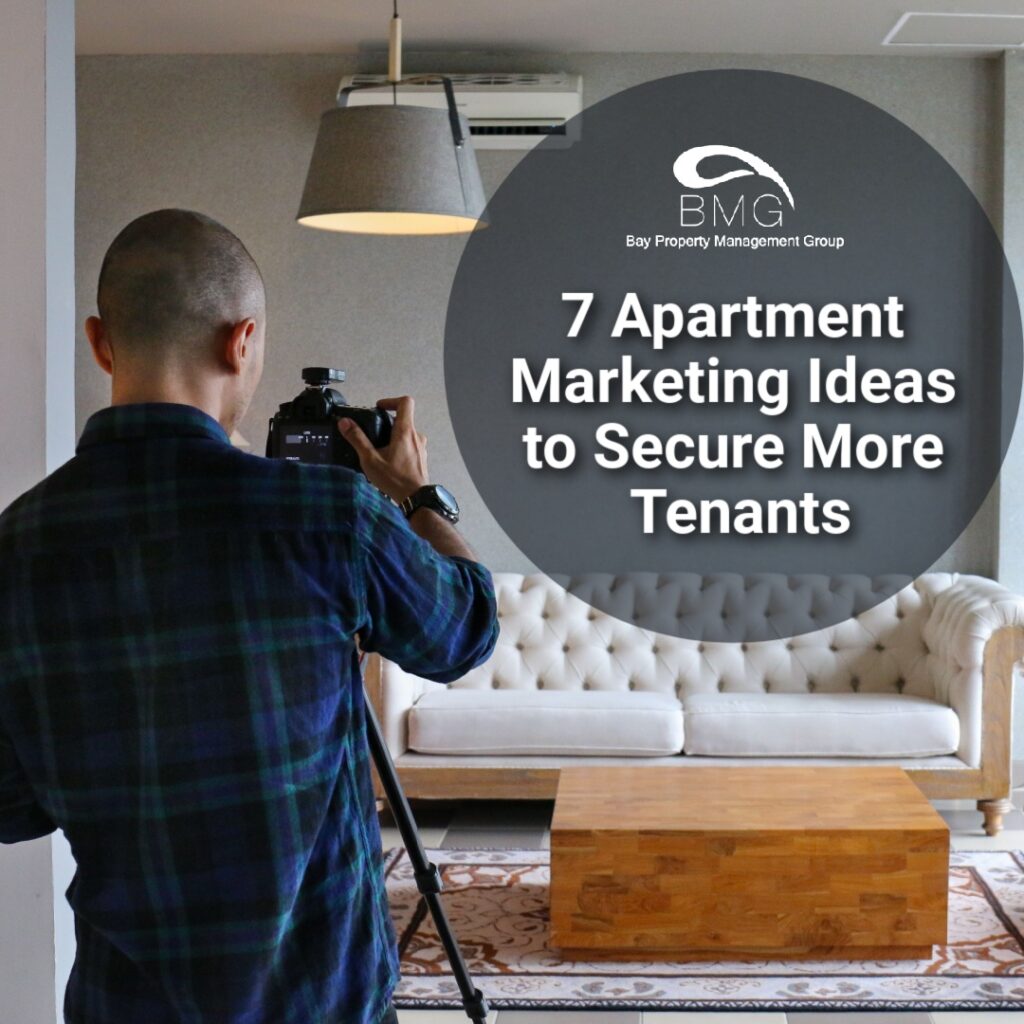 Photographer capturing a furnished living room. Text overlay: '7 Apartment Marketing Ideas to Secure More Tenants.'