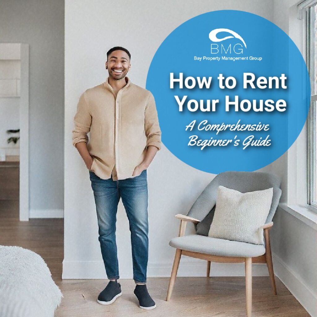 A large blue circle contains the text: "How to Rent Your House: A Comprehensive Beginner's Guide". The image features a smiling man standing casually in a modern, bright living room. Next to him is a chair with a pillow.