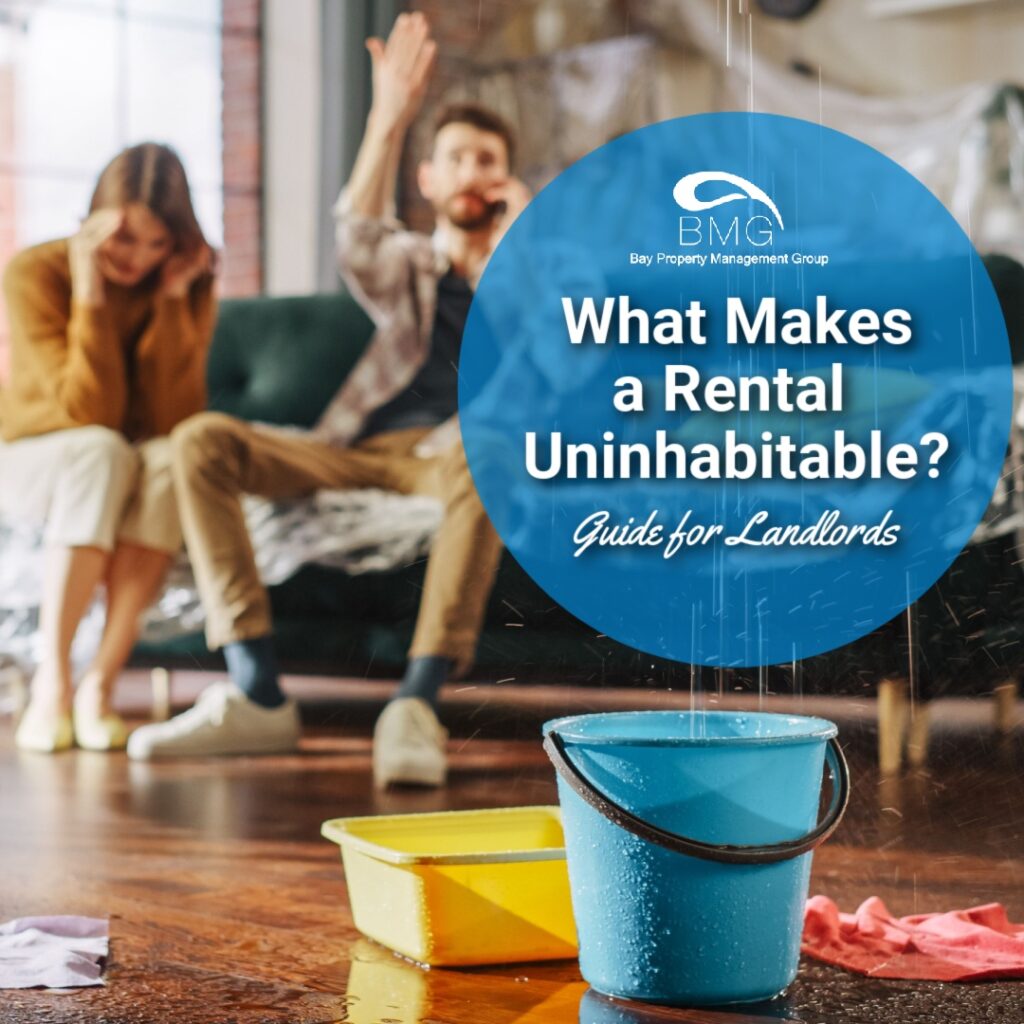 Man and woman sitting on couch as a bucket catches water from a ceiling leak and the man calls the landlord.