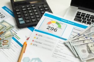 Renting a house with bad credit. The image shows a credit report with a poor score of 296, surrounded by a calculator, U.S. dollar bills, and a laptop, indicating financial analysis or concerns related to credit