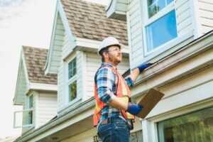 Man in hardhat stands on ladder inspecting a home's gutter and roof for damage. 