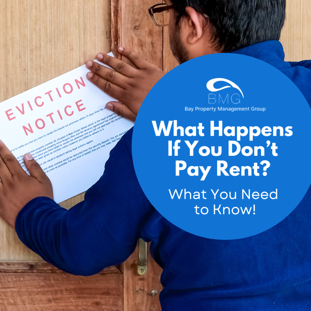 A person is hanging an eviction notice after the tenant wondered what happens if you don't pay rent.
